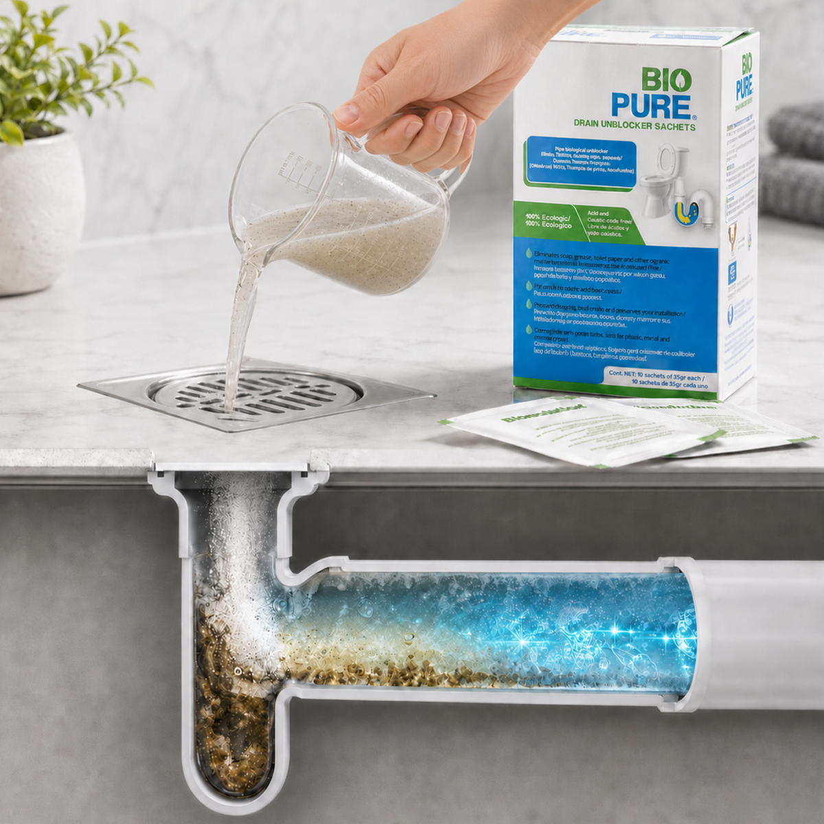 Drain Unblocker Sachets - Destapacaños y tratamiento preventivo para WC's, trampas de grasa y alcantarillas.