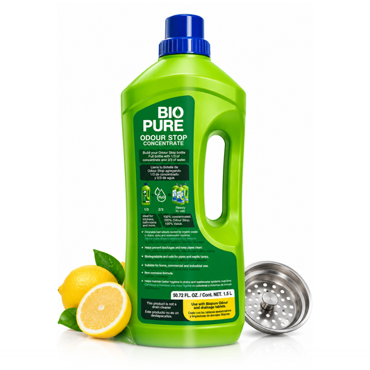 Tratamiento contra malos olores en tuberías coladeras drenajes de baño y cocina - ODOUR STOP CONCENTRADO - 100% Ecológico.