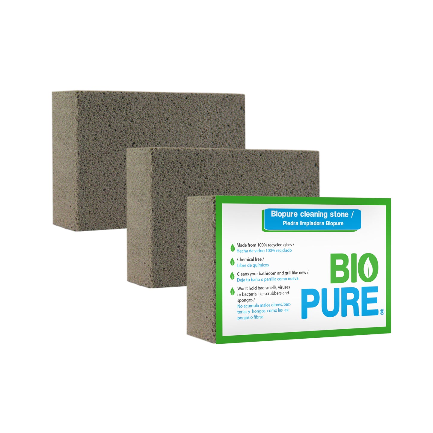 Kit 3x Piedra pomez para limpiar el baño y parrilla - Grill Brick - Pomex - Ideal para parrillas, wc's, lavamanos, azulejos, regaderas - Quita callos - Manchas de agua - Hecha de vidrio 100% reciclado - Color Gris - BIOPURE