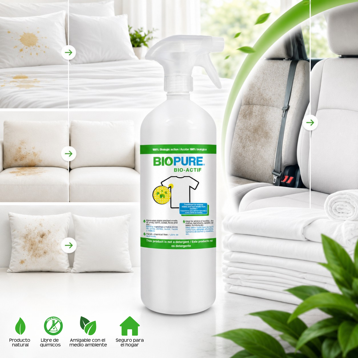 Tratamiento quitamanchas y malos olores en textiles - Orina, vómito, sudor y mugre - Ideal para ropa, sábanas, tapetes, muebles, asientos de coche, etc. - Acción 100% Biológica.