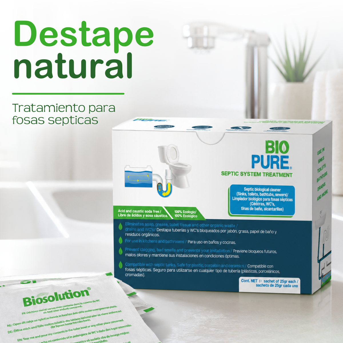 Tratamiento fosas sépticas - Sachets, Fórmula biológica, Ideal para WC, lavamanos, tuberías conectadas a una fosa séptica.