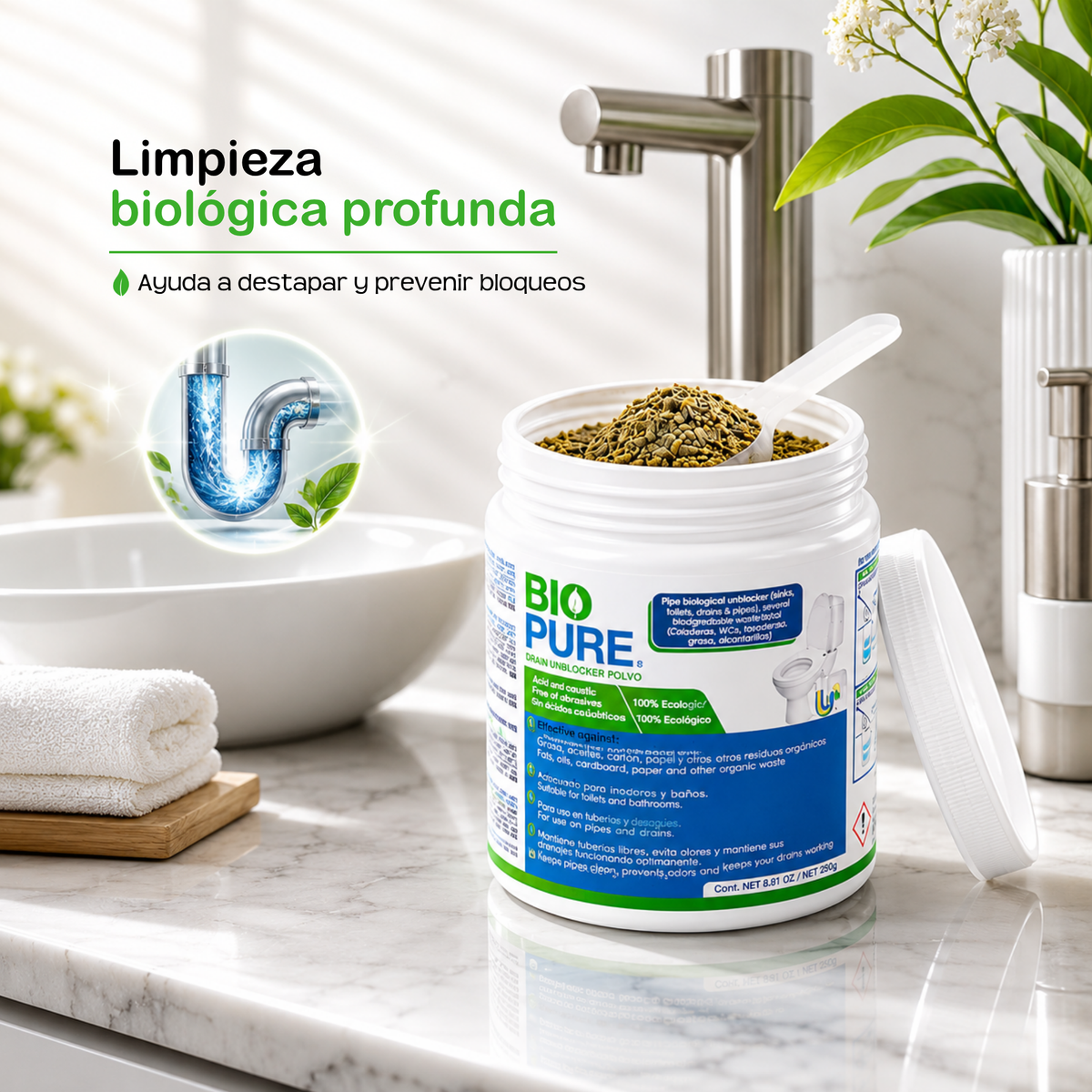 Drain Unblocker Sachets Tarro 250 gr - Destapacaños  y tratamiento preventivo para WC's, trampas de grasa y alcantarillas.