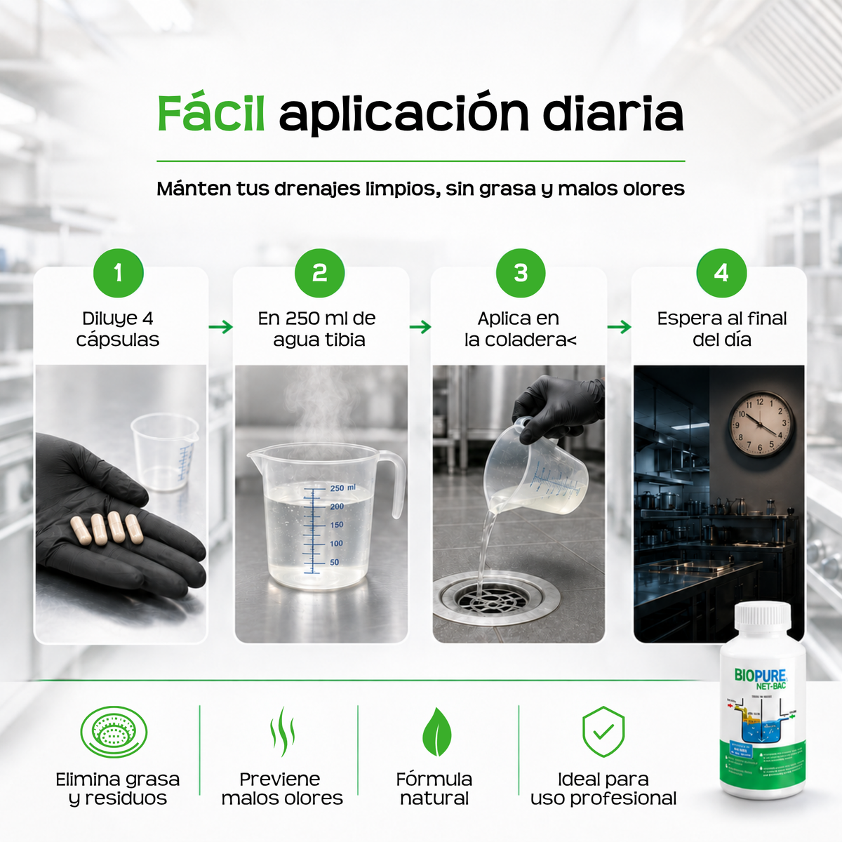 Tratamiento contra malos olores en trampas de grasa de 12 a 36 kg - BIOPURE NET-BAC - 100% Ecológico.