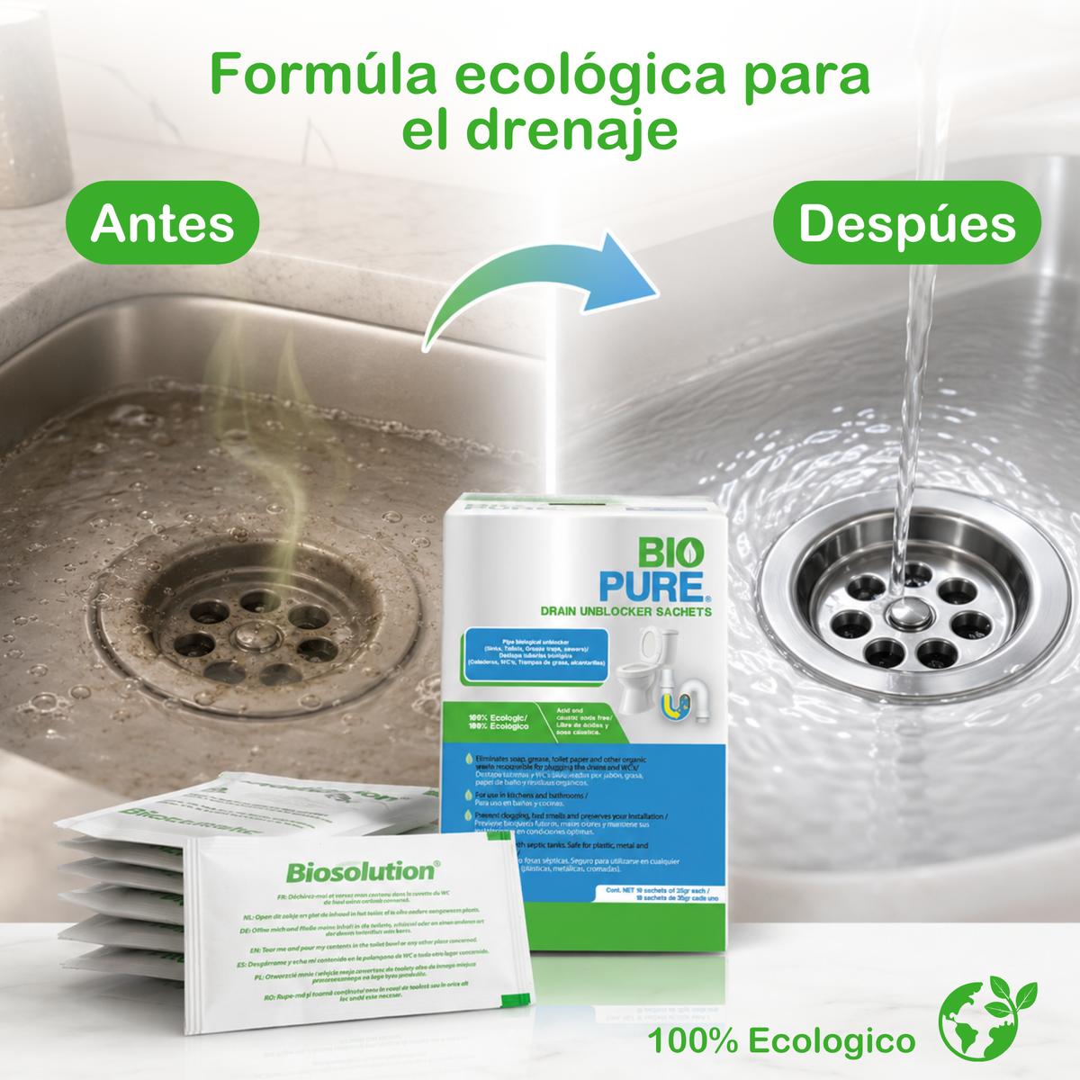 Drain Unblocker Sachets - Destapacaños  y tratamiento preventivo para WC's, trampas de grasa y alcantarillas.
