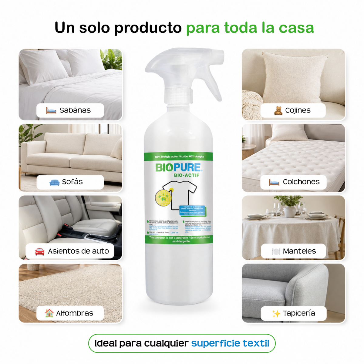 Tratamiento quitamanchas y malos olores en textiles - Orina, vómito, sudor y mugre - Ideal para ropa, sábanas, tapetes, muebles, asientos de coche, etc. - Acción 100% Biológica.