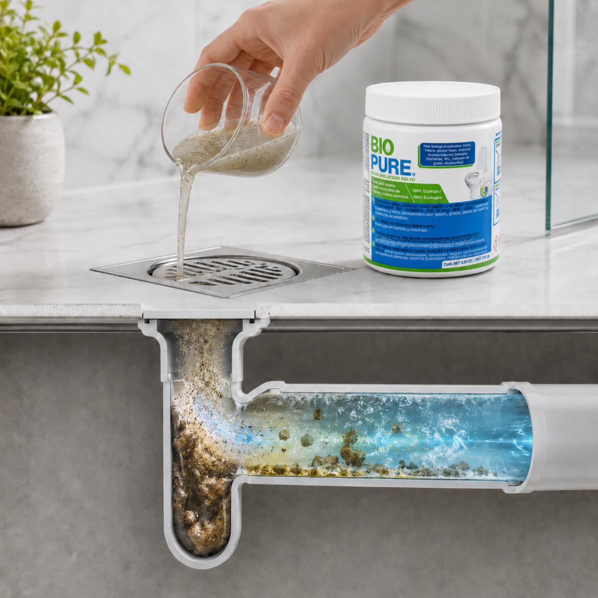 Drain Unblocker Sachets Tarro 250 gr - Destapacaños  y tratamiento preventivo para WC's, trampas de grasa y alcantarillas.