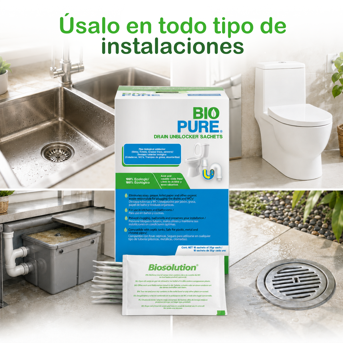 Drain Unblocker Sachets - Destapacaños  y tratamiento preventivo para WC's, trampas de grasa y alcantarillas.