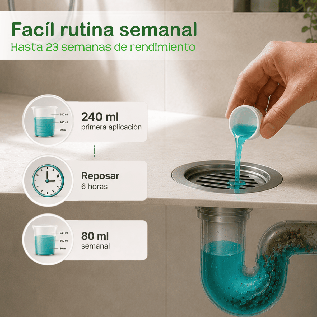 Tratamiento contra malos olores en tuberías coladeras drenajes de baño y cocina - ODOUR STOP LISTO PARA USAR - 100% Ecológico.