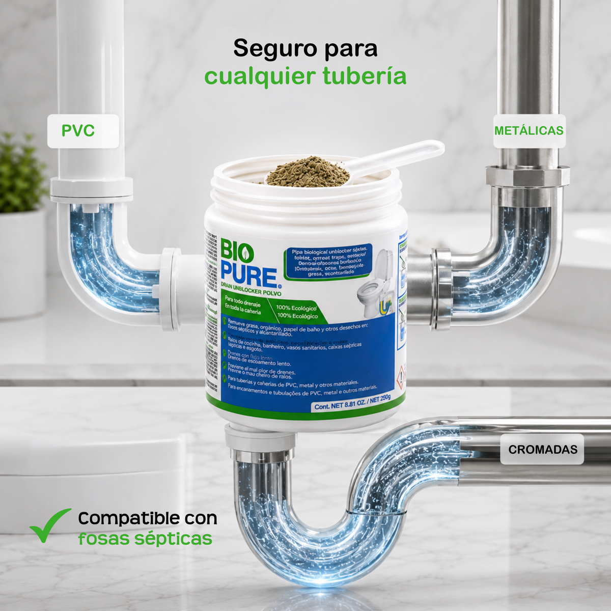 Drain Unblocker Sachets Tarro 250 gr - Destapacaños  y tratamiento preventivo para WC's, trampas de grasa y alcantarillas.