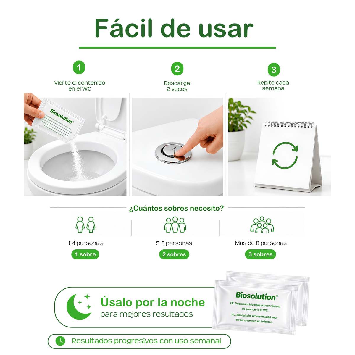 Tratamiento fosas sépticas - Sachets, Fórmula biológica, Ideal para WC, lavamanos, tuberías conectadas a una fosa séptica.