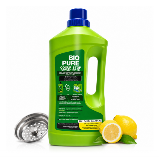 Tratamiento contra malos olores en tuberías coladeras drenajes de baño y cocina - ODOUR STOP CONCENTRADO - 100% Ecológico.