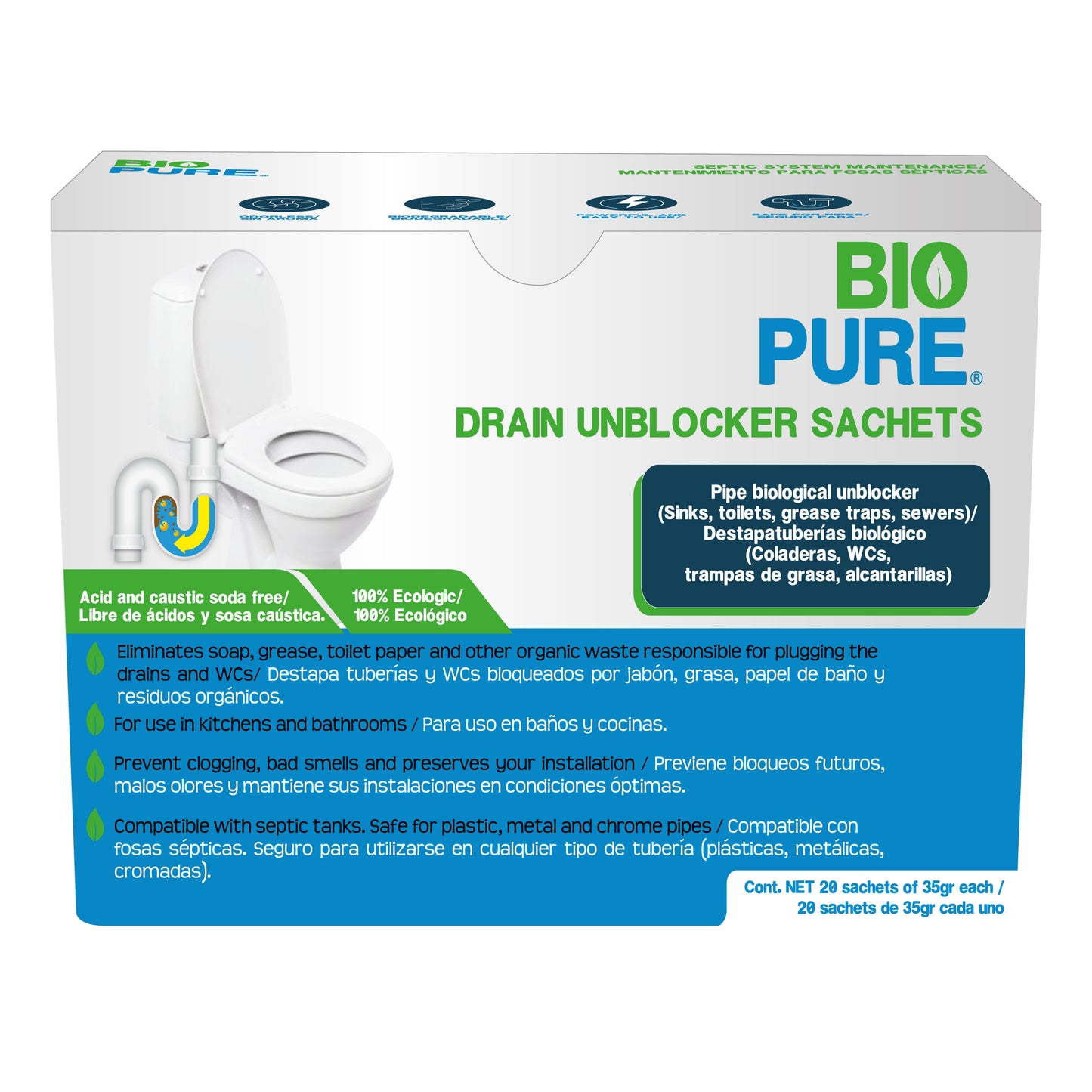 Drain Unblocker Sachets - Destapacaños  y tratamiento preventivo para WC's, trampas de grasa y alcantarillas.